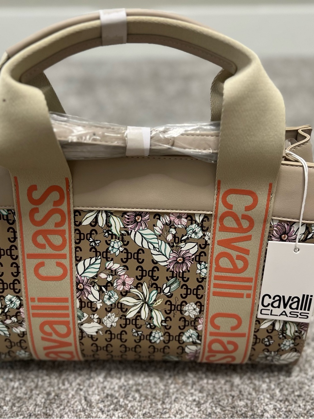 Cavalli Class Beige Floral Logo Tote with Orange Branded Straps